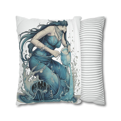 Aquarius Zodiac Symbol - Girl Pouring Water, Hand-Drawn Style - Spun Polyester Square Pillow Case