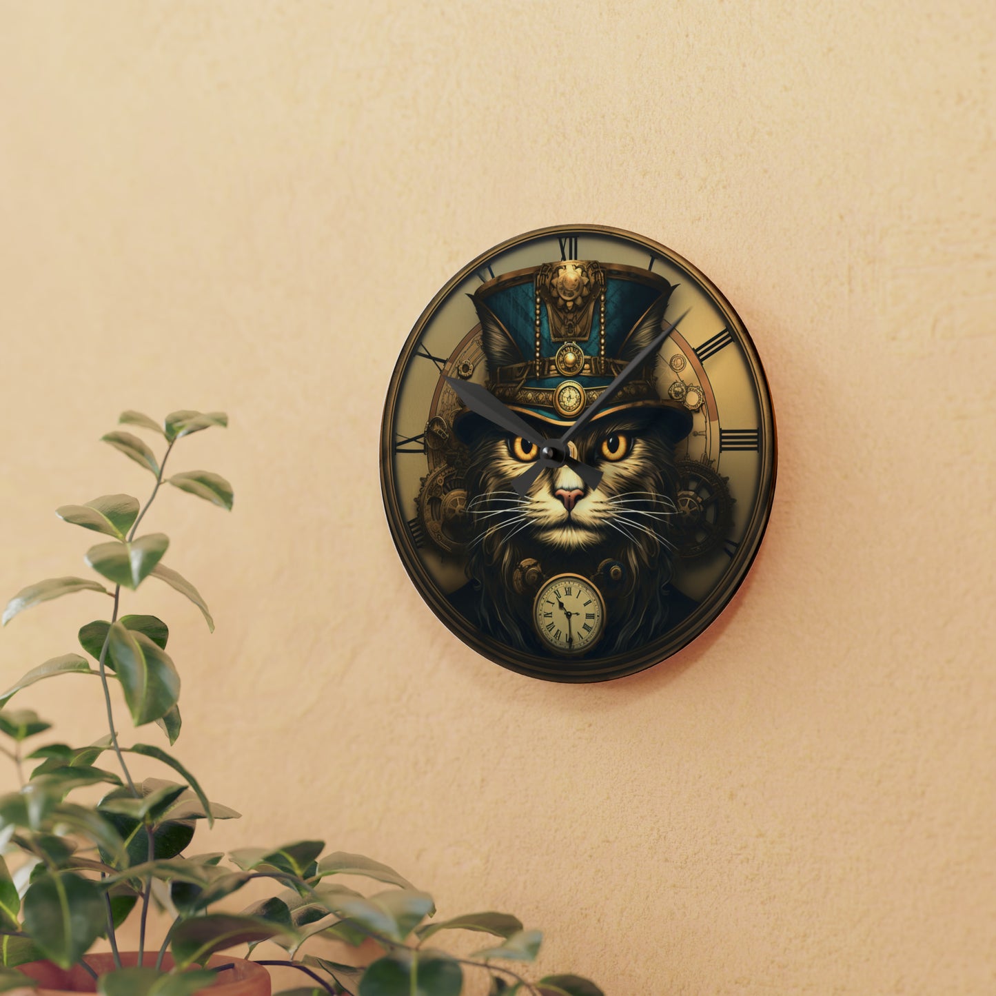 Diseño de reloj de gato Steampunk, reloj de pared acrílico 