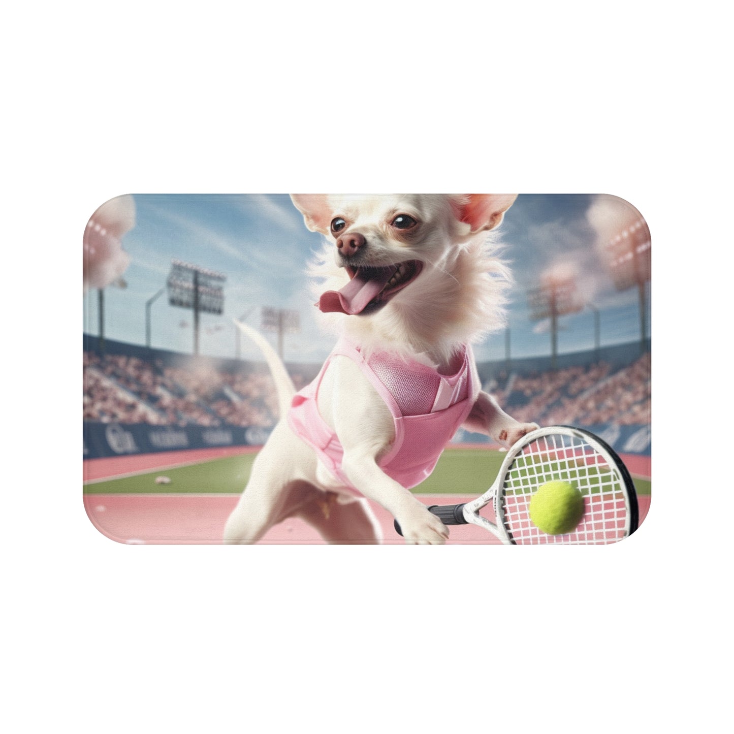 Chihuahua Tennis Ace: traje rosa para perro, juego deportivo atlético en la cancha - Alfombra de baño