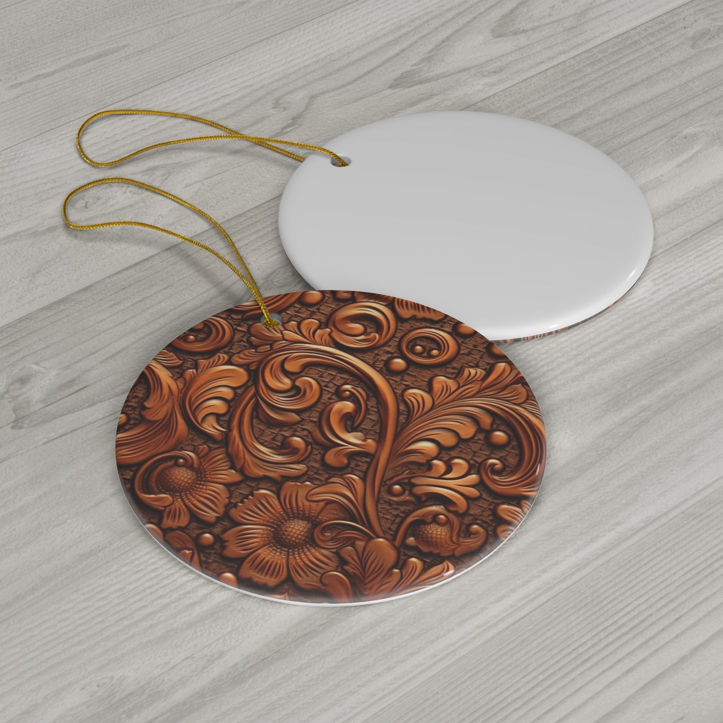 Leather Flower Cognac Classic Brown Timeless American Cowboy Design - Ceramic Ornament, 4 Shapes