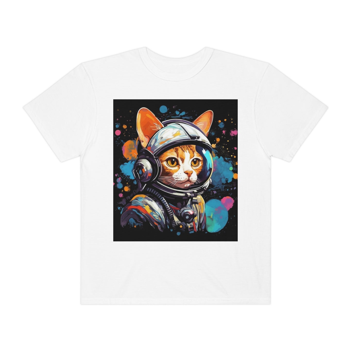 Astro Cat Adventure Feline - Arte pop, flotando en el espacio cósmico - Camiseta unisex teñida de prendas