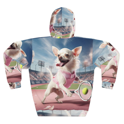 Chihuahua Tennis Ace: Dog Pink Outfit, Court Atheletic Sport Game - Unisex Pullover Hoodie (AOP)