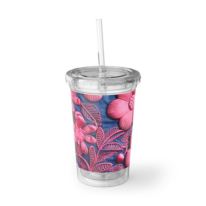 Denim Azul Muñeca Rosa Floral Bordado Estilo Tela Flores - Taza Acrílico Suave