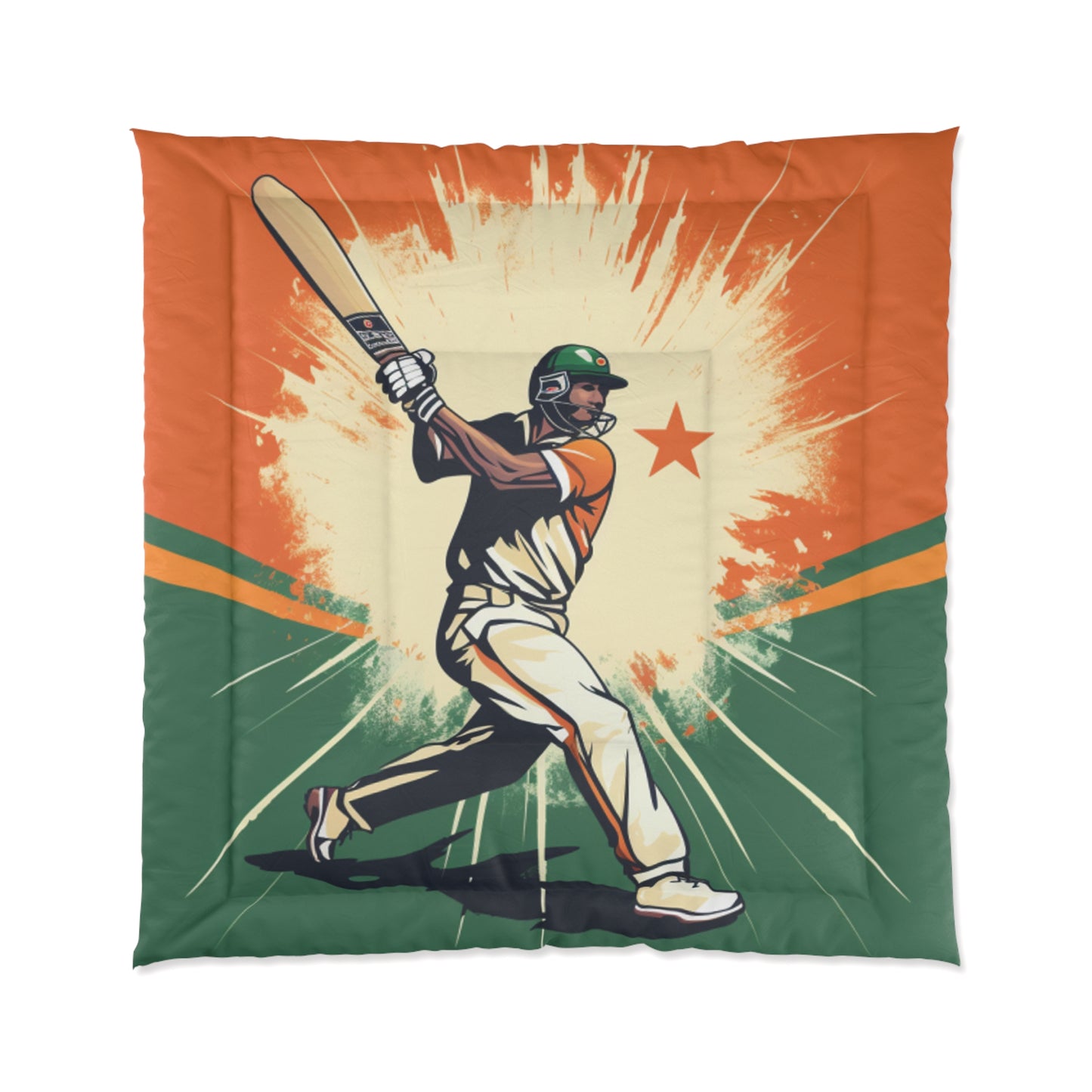 India Cricket Star: Batsman With Willow Bat, National Flag Style - Sport Game - Bed Comforter