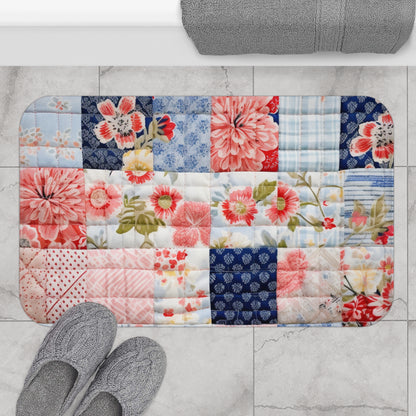 Edredón de armonía floral, mosaico de flores, patrones acolchados en azul y rosa, edredón de jardín, diseño de cuadrados de acolchado en colores pastel suave - Alfombra de baño