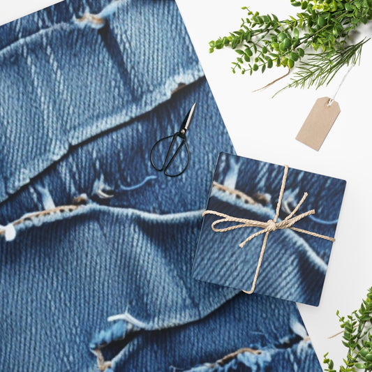 Midnight Blue Distressed Denim: Rugged, Torn & Stylish Design - Wrapping Paper