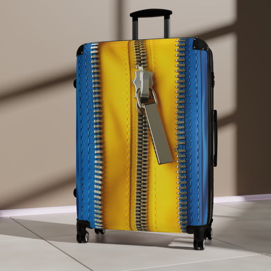 Zipper Detail, Bold Yellow and Blue Separating Zipper, Metallic Slider on Textured Fabric - Suitcase