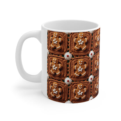 Ganchillo de hombre de jengibre, diseño clásico de galletas navideñas, artesanía navideña festiva. Decoración navideña - Taza de cerámica 11oz 