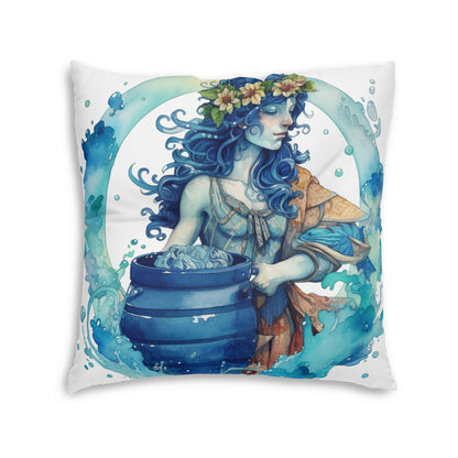 Artistic Aquarius Zodiac - Watercolor Water-Bearer Depiction - Tufted Floor Pillow, Square