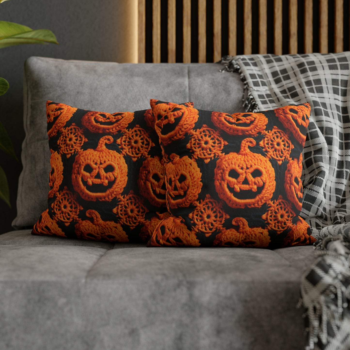 Halloween Crochet Pumpkin Scary Horror Festive Holiday Pattern - Spun Polyester Square Pillow Case