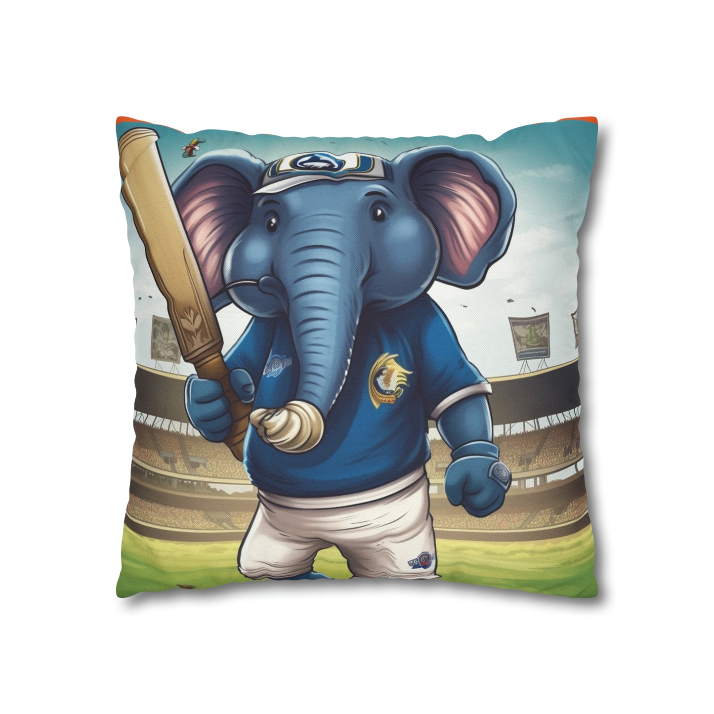 India Elephant Cricket Sport Star: Pitch, Run, Stump Game - Animated Charm - Spun Polyester Square Pillow Case