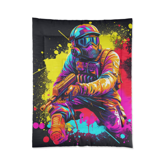 Paintball Action Sport: Player in Battle, Paint Splatter - Bed Comforter