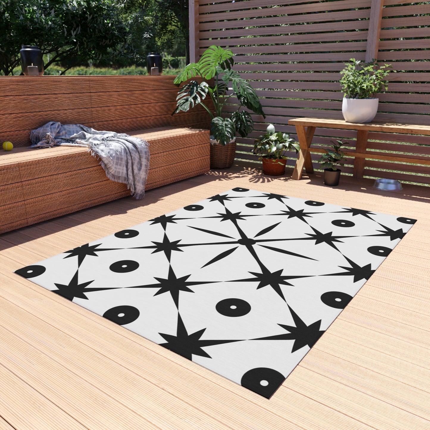 Mid Century Modern Asterisk Design - White & Black Atomic Starburst - Outdoor Rug