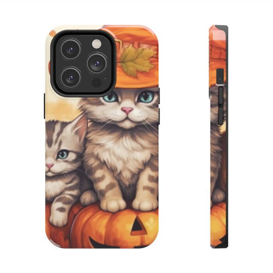 Kitty Cat Kittens Halloween - Cute Furries on Pumpkin - Festive Feline Decor - Tough Phone Cases