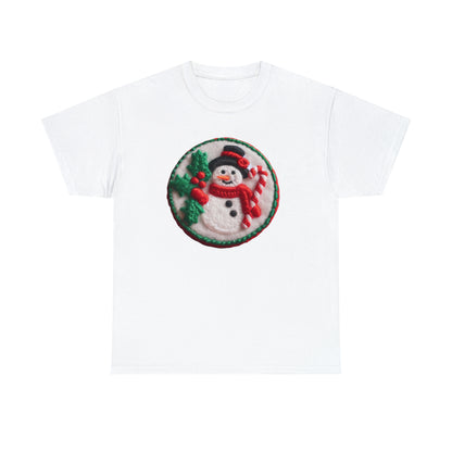 Festive Snowman Embroidered Patch: Christmas Chenille Holly & Candy Cane - Unisex Heavy Cotton Tee