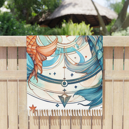 Pisces Zodiac Horoscope - Starry Watercolor & Ink, Hyper-Detailed Fish Boho Beach Cloth