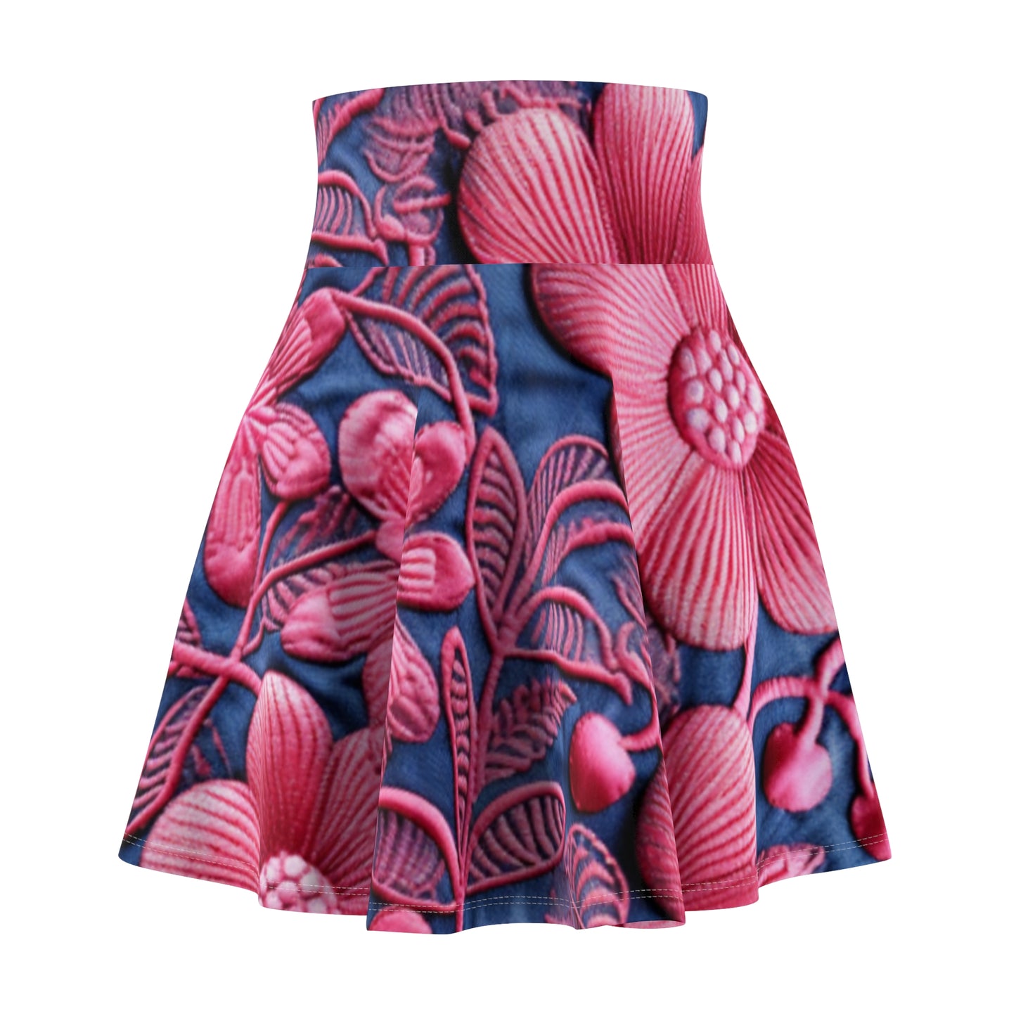 Denim Blue Doll Pink Floral Embroidery Style Fabric Flowers - Women's Skater Skirt (AOP)