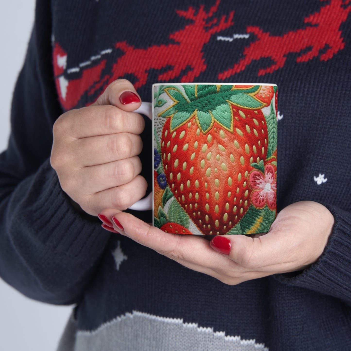 Berry Delight: Sun-Kissed Strawberries Fields Meet Embroidered Style Strawberry Patterns - Ceramic Mug 11oz