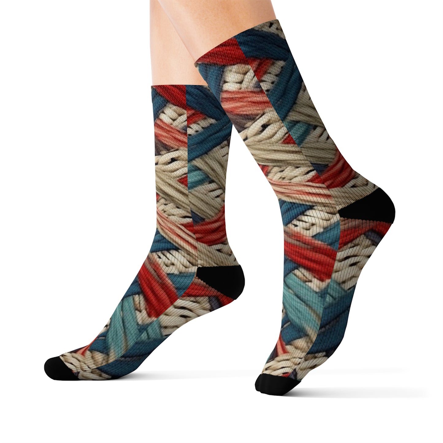 Colorful Yarn Knot: Denim-Inspired Fabric in Red, White, Light Blue - Sublimation Socks