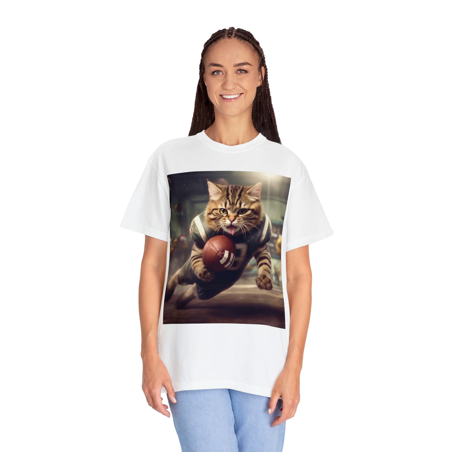 Football Field Felines: Kitty Cats in Sport Tackling Scoring Game Position - Unisex Garment-Dyed T-shirt