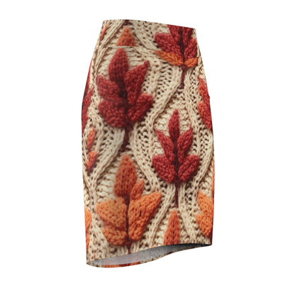 Crochet Fall Leaves: Harvest Rustic Design - Golden Browns -Woodland Maple Magic - Women's Pencil Skirt (AOP)