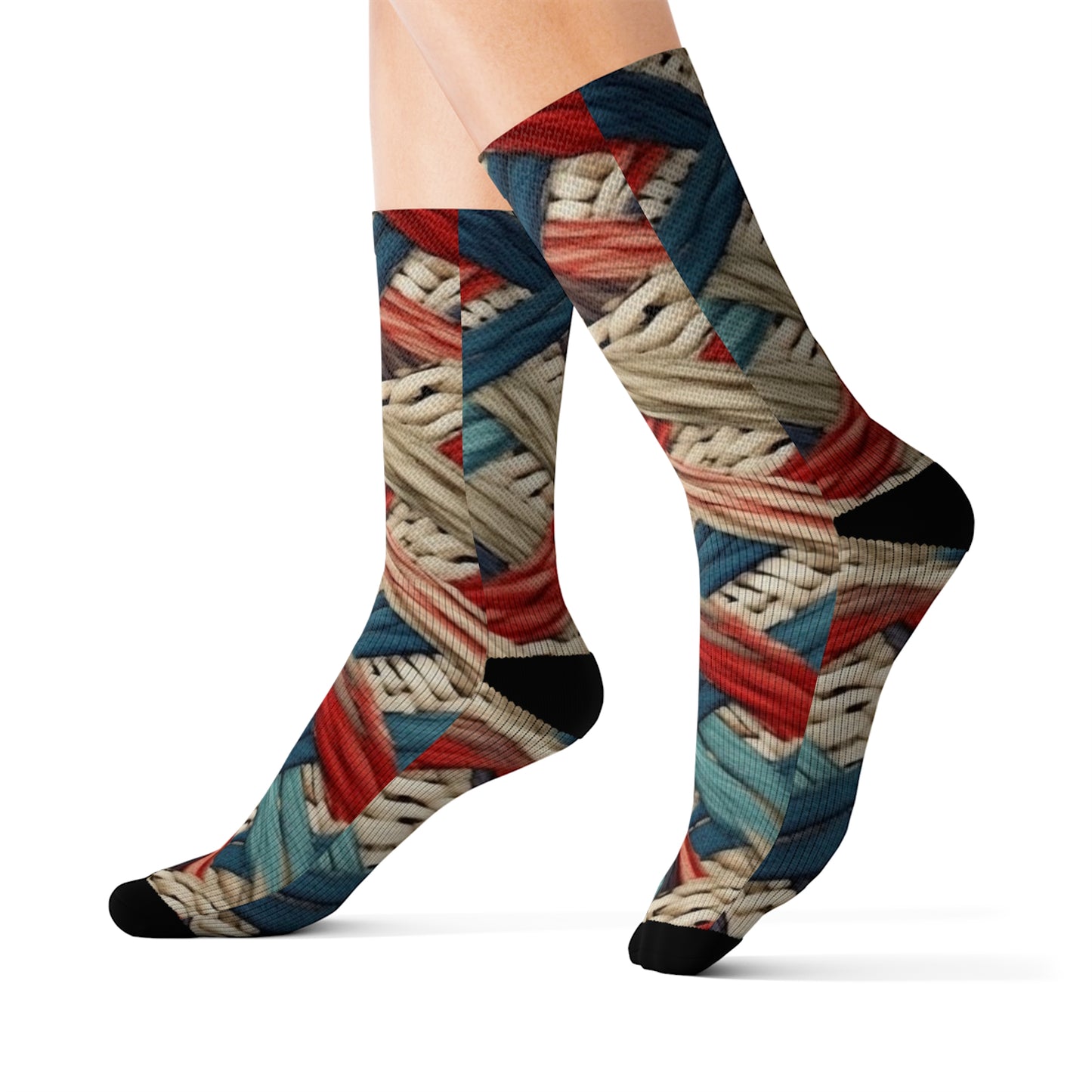 Colorful Yarn Knot: Denim-Inspired Fabric in Red, White, Light Blue - Sublimation Socks