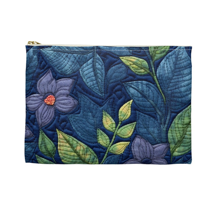 Floral Embroidery Blue: Denim-Inspired, Artisan-Crafted Flower Design - Accessory Pouch