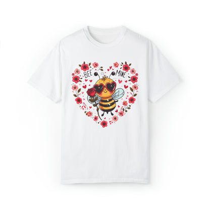 Whimsical Bee Love: Heartfelt Valentines Design with Floral Accents and Heart Sunglasses - Unisex Garment-Dyed T-shirt