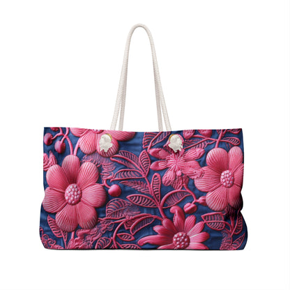 Denim Blue Doll Pink Floral Embroidery Style Fabric Flowers - Weekender Bag