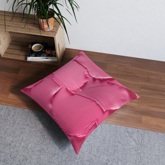 Distressed Neon Pink: Edgy, Ripped Denim-Inspired Doll Fabric - Tufted Floor Pillow, Square