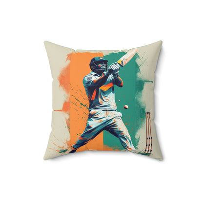 Cricket Batsman, Ball Strike, Indian Flag Color Background - Street Style - Spun Polyester Square Pillow