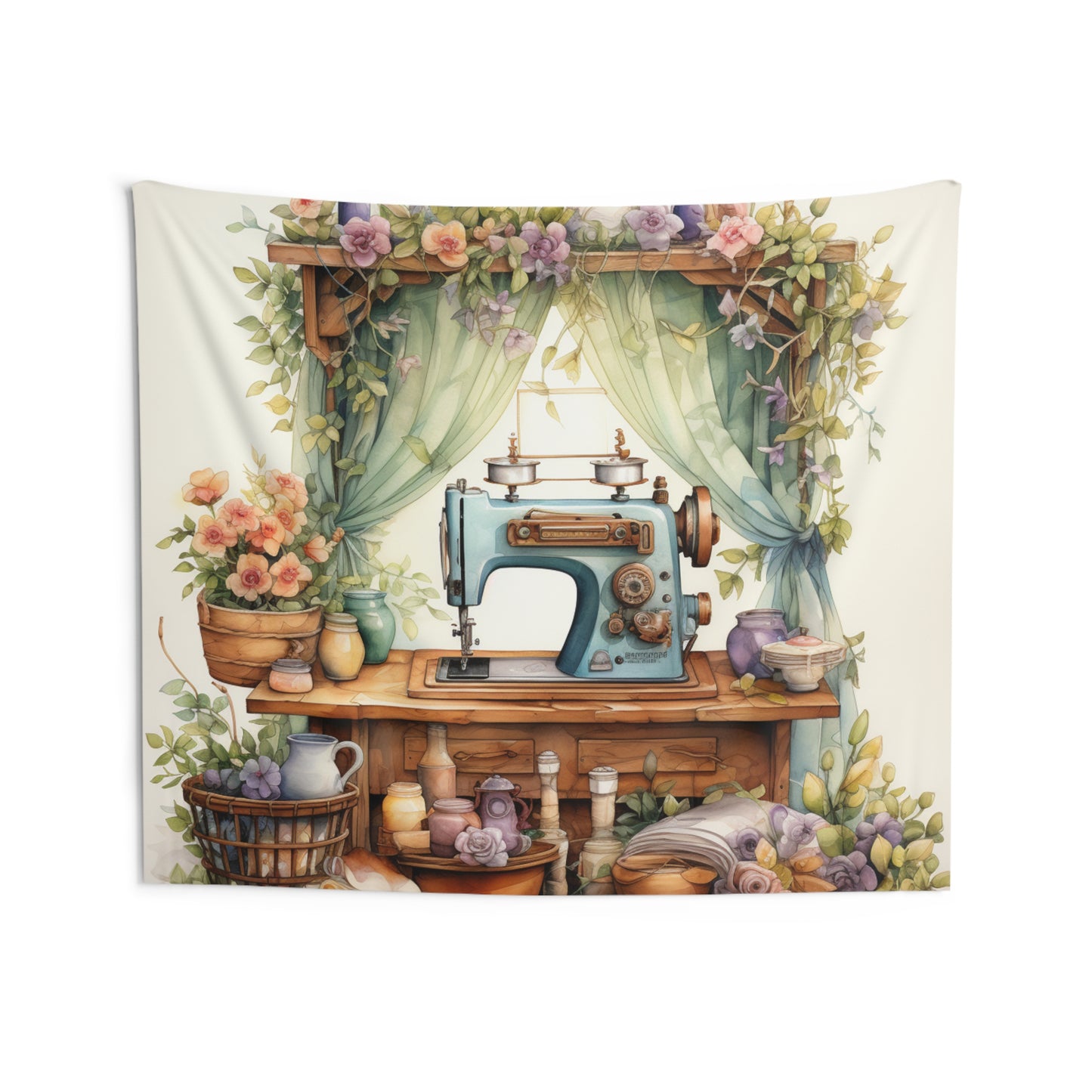 Rustic Sewing Nook Watercolor Illustration, Pastel Vintage Sewing Machine with Floral - Indoor Wall Tapestries