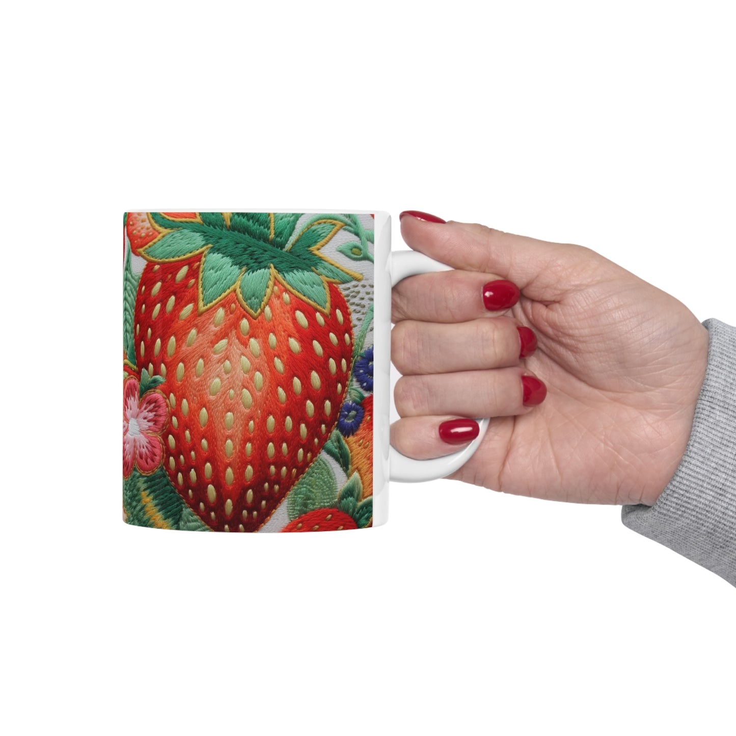 Berry Delight: Sun-Kissed Strawberries Fields Meet Embroidered Style Strawberry Patterns - Ceramic Mug 11oz