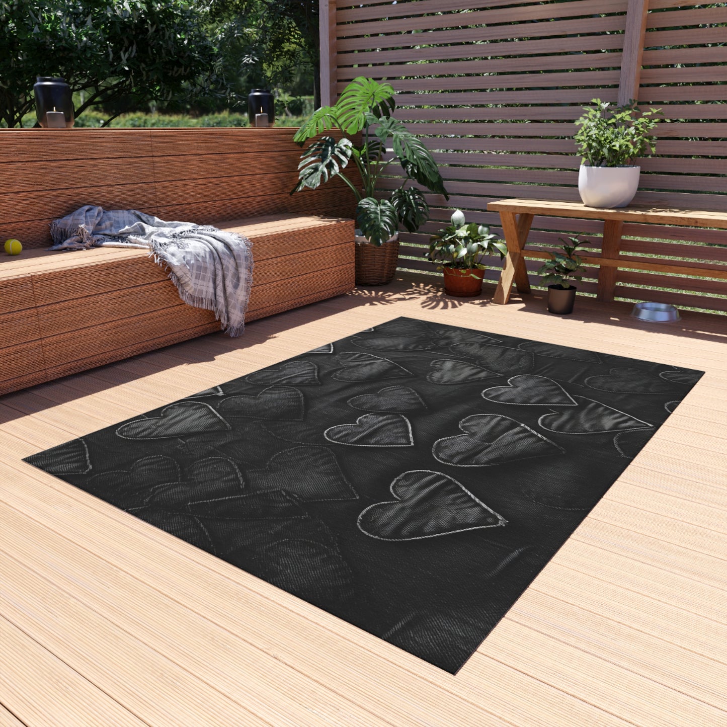 Black: Distressed Denim-Inspired Fabric Heart Embroidery Design - Outdoor Rug