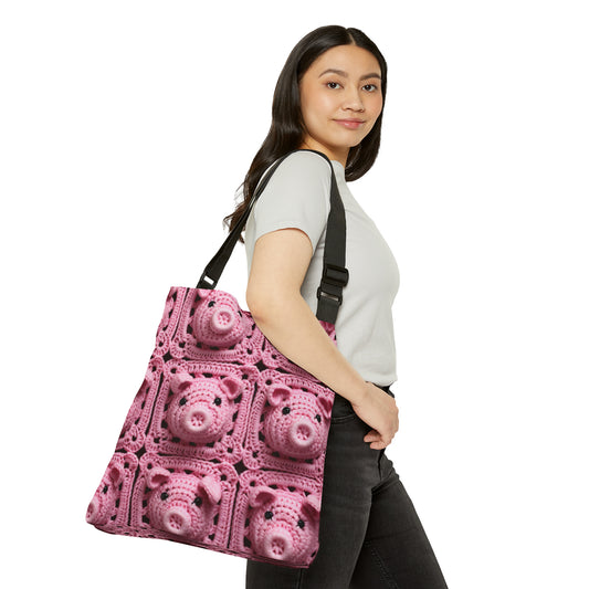 Crochet Pig Farm Animal Pink Snout Piggy Pattern - Adjustable Tote Bag (AOP)