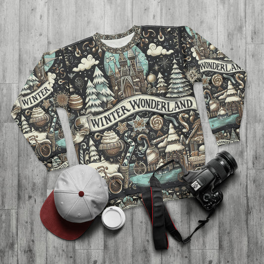 Winter Wonderland Enchantment: Nostalgic Christmas Snowscape with Majestic Castle and Festive - Unisex Sweatshirt (AOP)
