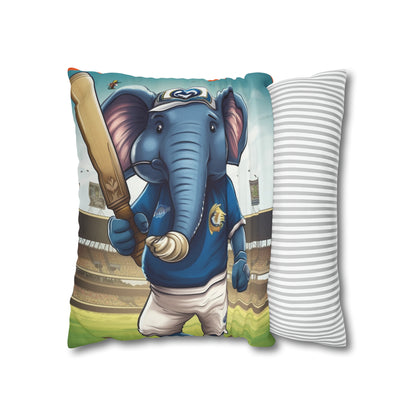 India Elephant Cricket Sport Star: Pitch, Run, Stump Game - Animated Charm - Spun Polyester Square Pillow Case