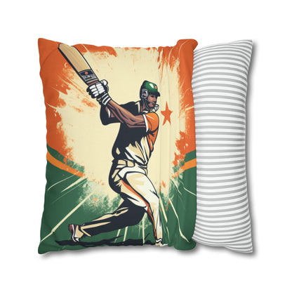 India Cricket Star: Batsman With Willow Bat, National Flag Style - Sport Game - Spun Polyester Square Pillow Case