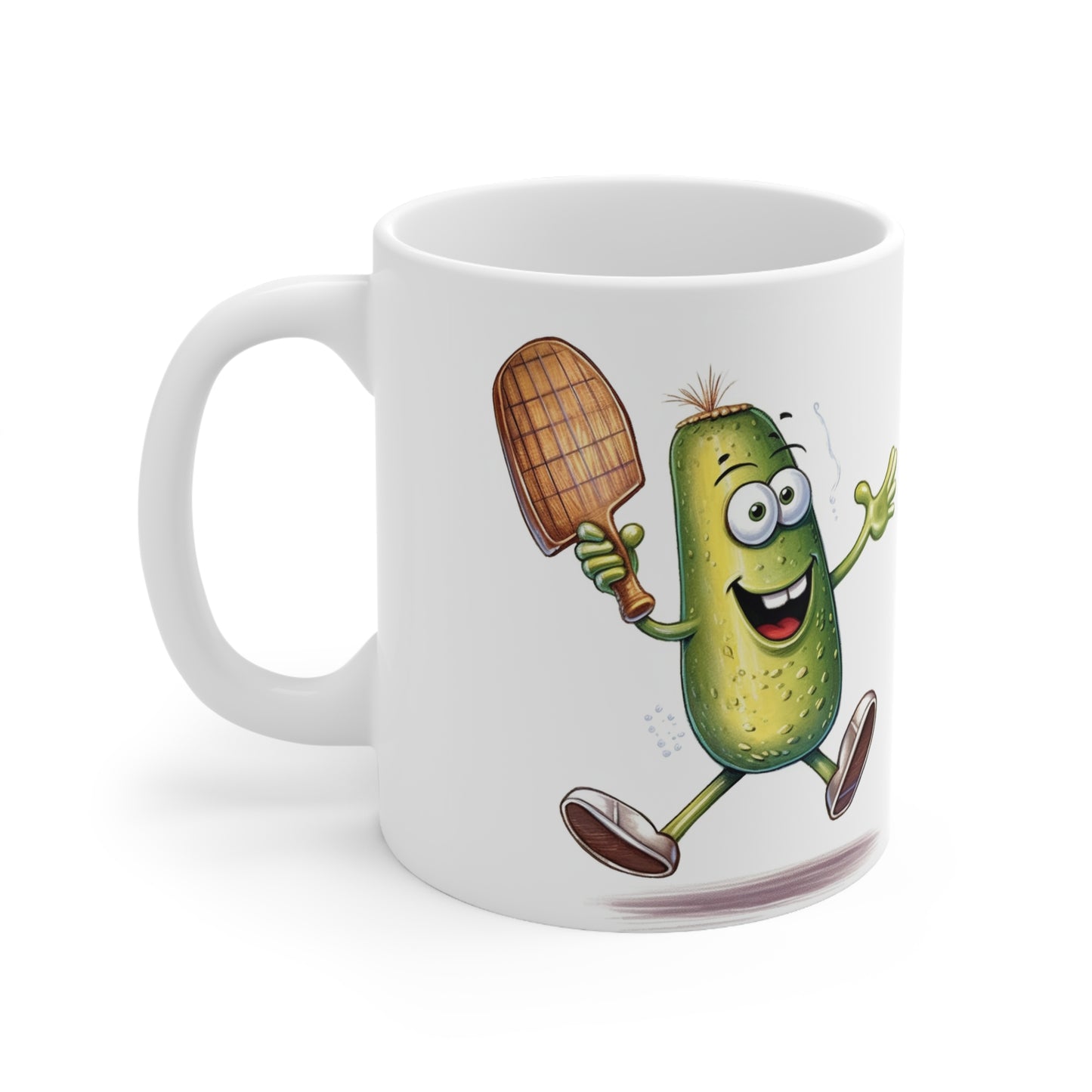 Pickle Player Action: Cartoon Swinging Pickleball Paddle - Sporty Charm - Ceramic Mug 11oz