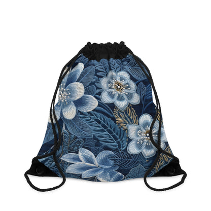 Flower Blossom Embroidery Floral on Denim Style - Drawstring Bag