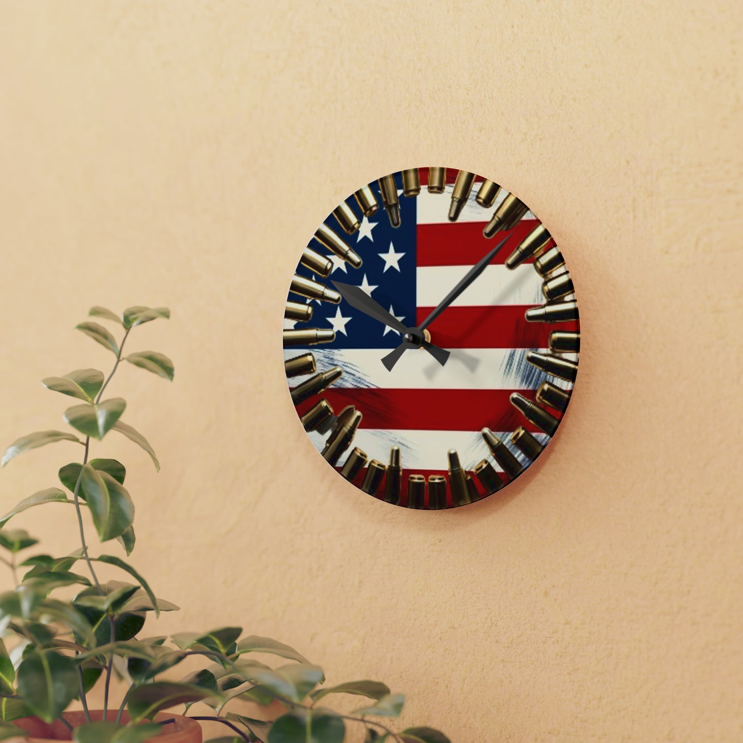 Liberty Bullet Art Acrylic Wall Clock - Patriotic USA Flag Design, Americana Wall Accent, Non-Functional Bullet Decor, Stars and Stripes Tribute Timepiece