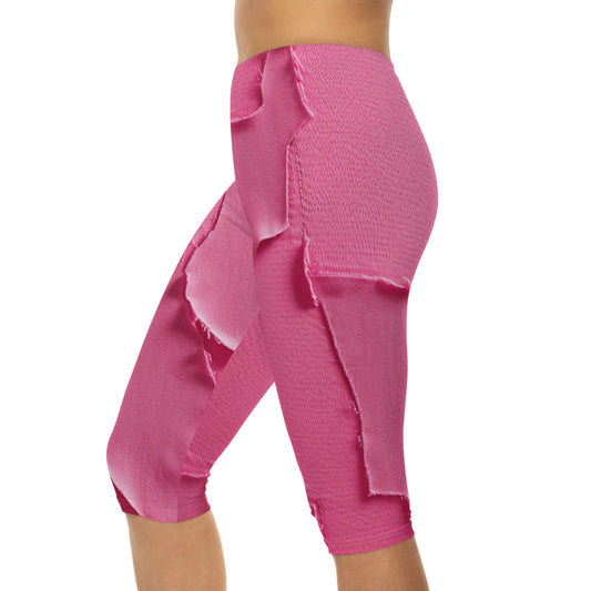 Distressed Neon Pink: Edgy, Ripped Denim-Inspired Doll Fabric - Women’s Capri Leggings (AOP)