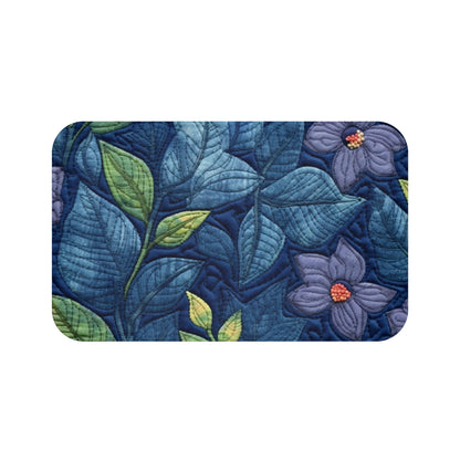 Floral Embroidery Blue: Denim-Inspired, Artisan-Crafted Flower Design - Bath Mat