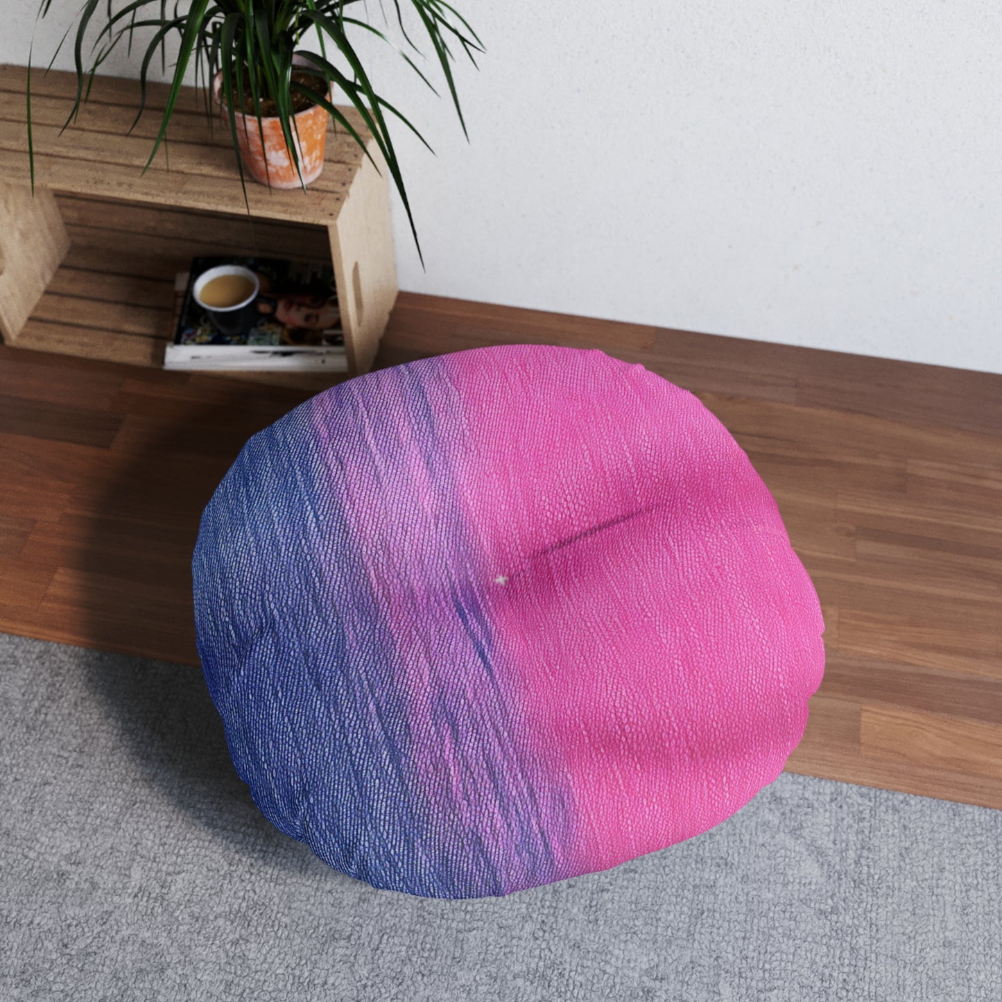 Dual Delight: Half-and-Half Pink & Blue Denim Daydream - Tufted Floor Pillow, Round