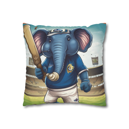 India Elephant Cricket Sport Star: Pitch, Run, Stump Game - Animated Charm - Spun Polyester Square Pillow Case