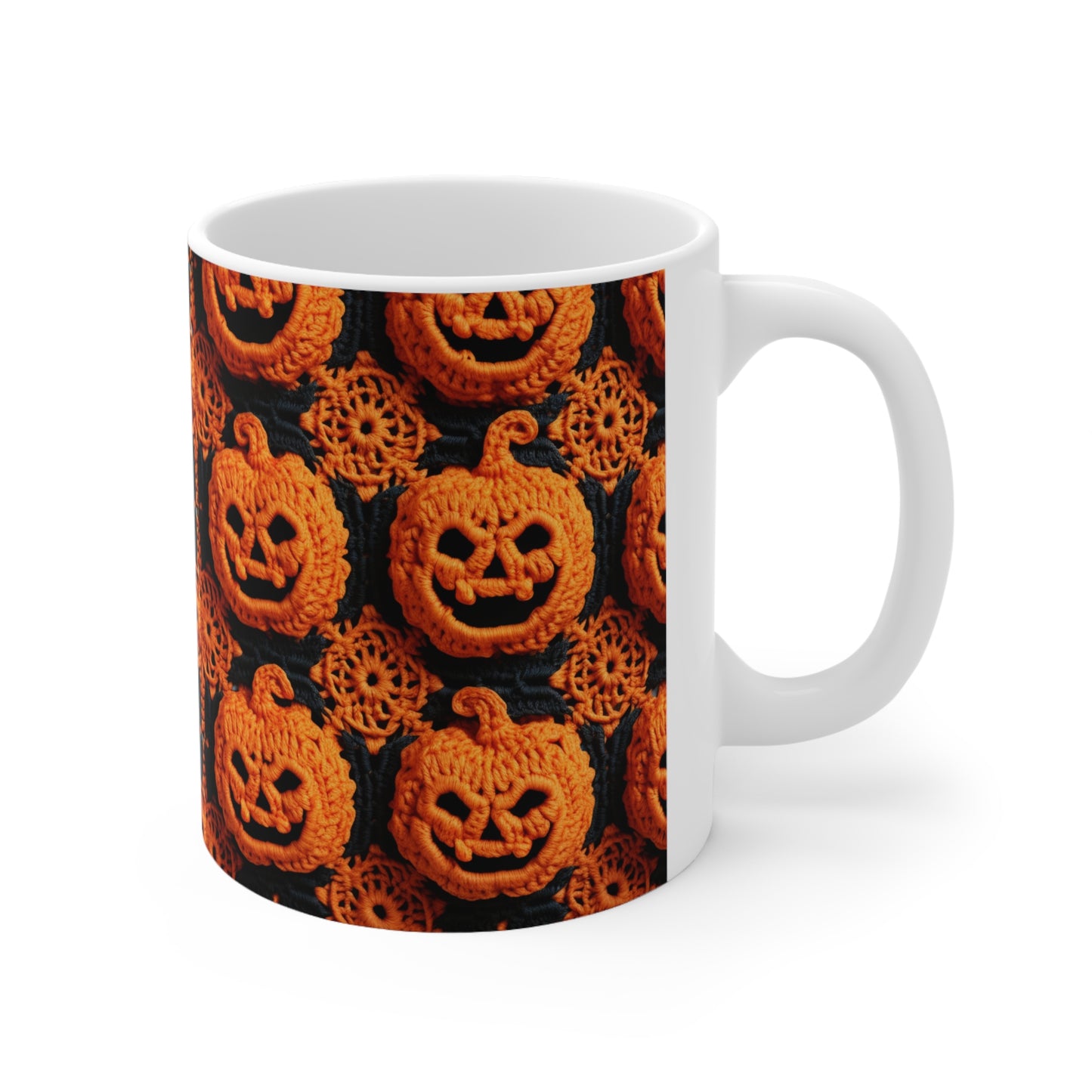 Patrón festivo festivo de terror aterrador de calabaza de ganchillo de Halloween - Taza de cerámica de 11 oz