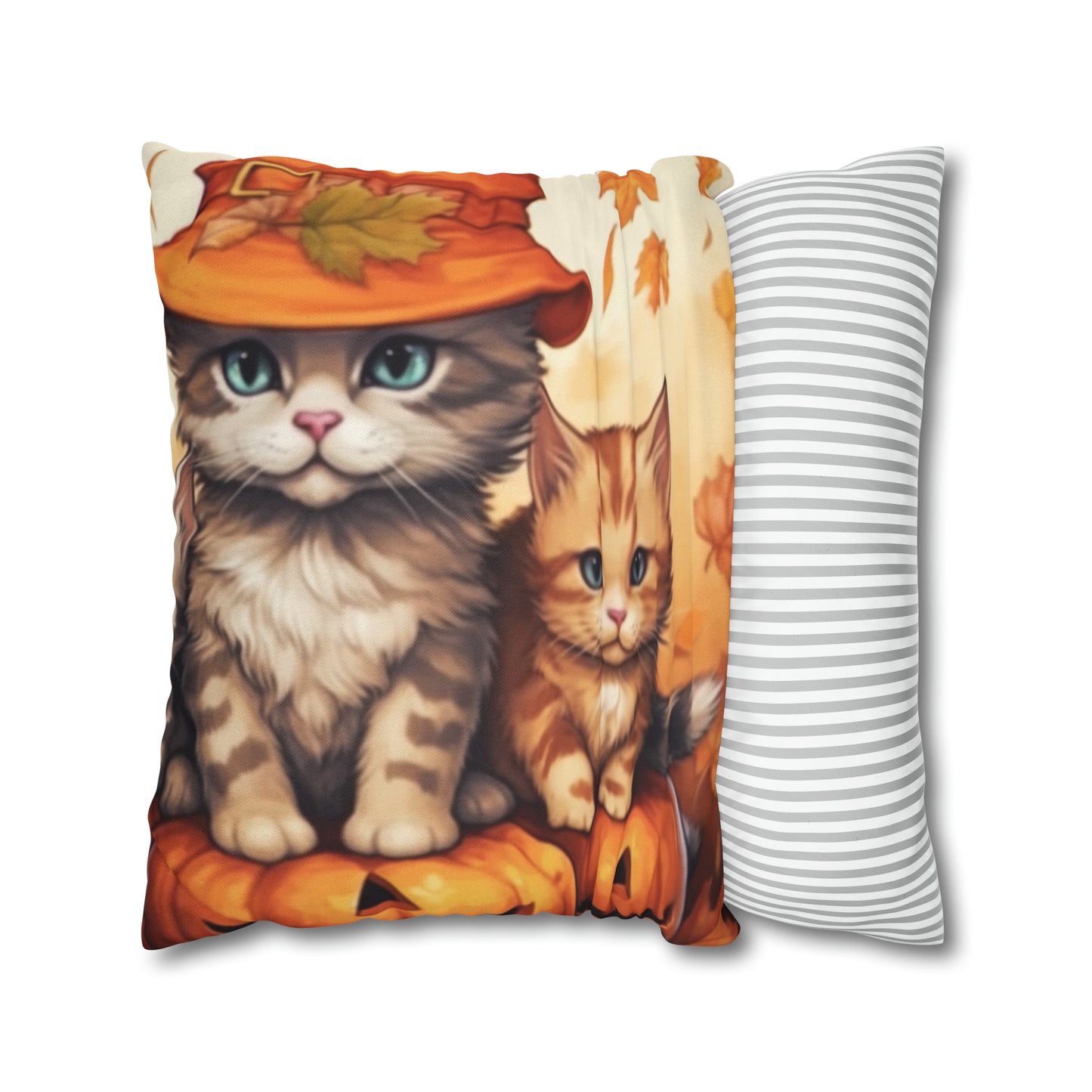 Kitty Cat Kittens Halloween - Cute Furries on Pumpkin - Festive Feline Decor - Spun Polyester Square Pillow Case