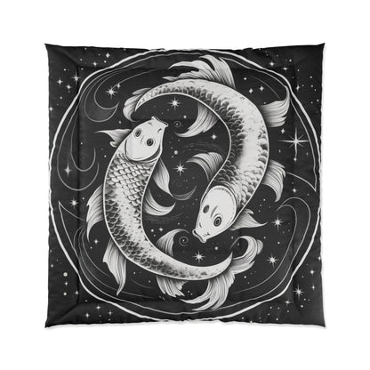 Manta acogedora de edredón Piscis, 100% poliéster, diseño de peces en blanco y negro, estampado a una cara 