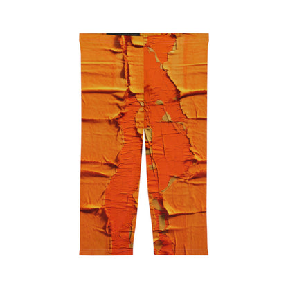 Fiery Citrus Orange: Edgy Distressed, Denim-Inspired Fabric - Women’s Capri Leggings (AOP)