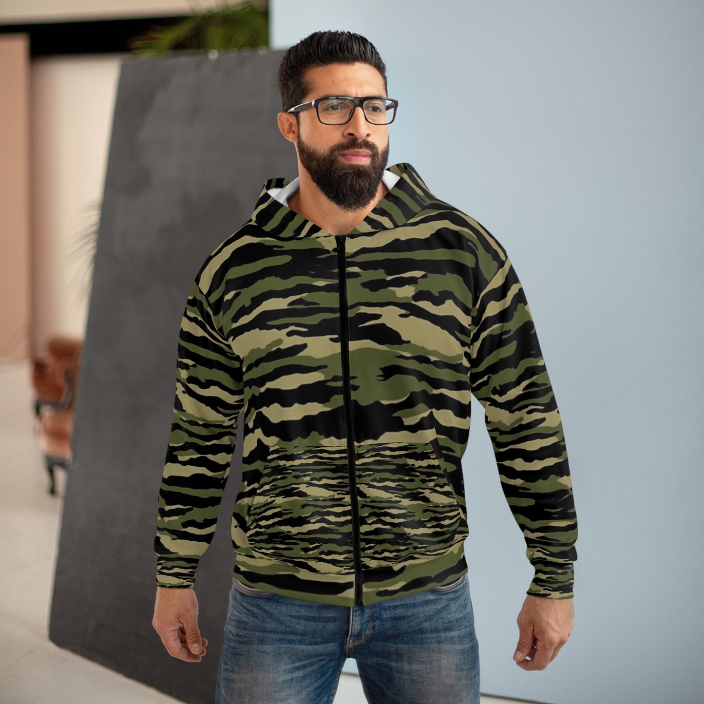 Tiger Stripe Camouflage: Military Style - Unisex Zip Hoodie (AOP)